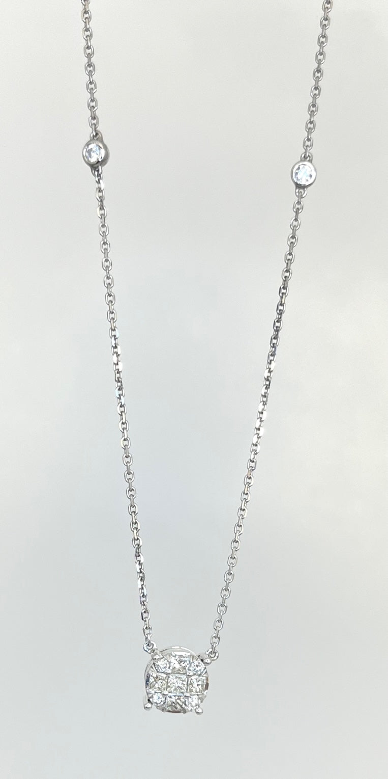 Round diamond cluster pendant on adjustable 16-18" chain