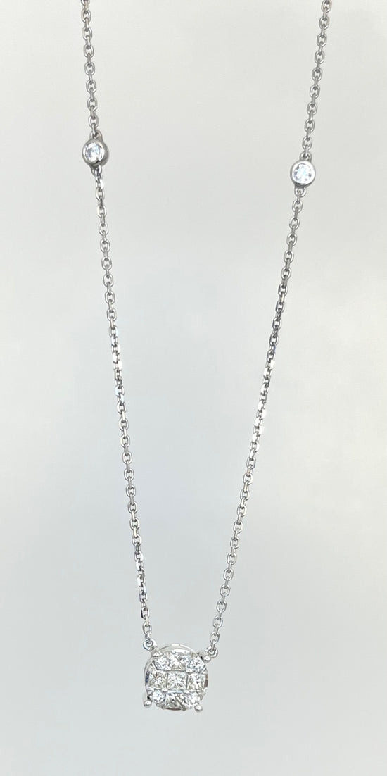 Round diamond cluster pendant on adjustable 16-18" chain